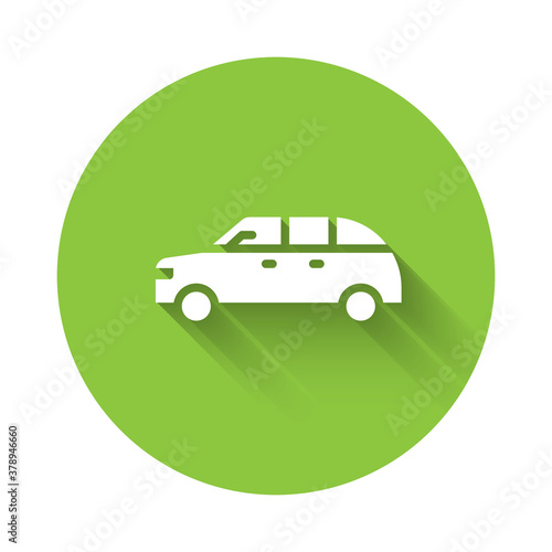White Hatchback car icon isolated with long shadow. Green circle button. Vector.