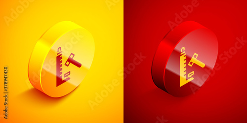 Isometric High striker attraction with big hammer icon isolated on orange and red background. Attraction for measuring strength. Amusement park. Circle button. Vector.