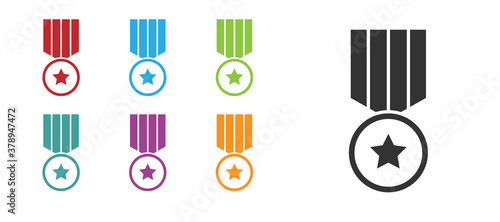 Black Medal with star icon isolated on white background. Winner achievement sign. Award medal. Set icons colorful. Vector.