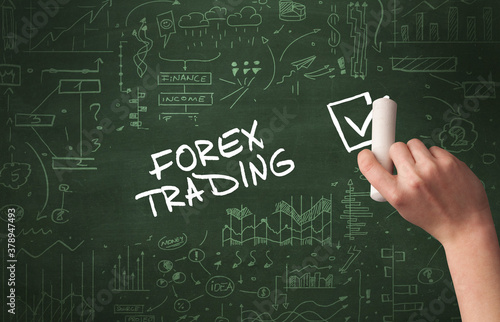 Hand drawing FOREX TRADING inscription with white chalk on blackboard, new business concept