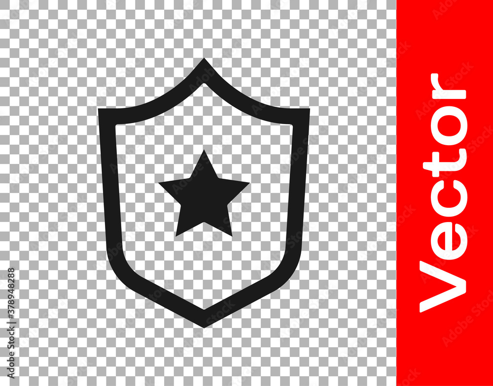 Black Police badge icon isolated on transparent background. Sheriff badge sign. Shield with star symbol. Vector. Black Police badge icon isolated on transparent background. Sheriff badge sign. Shield with star symbol. Vector.