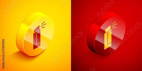 Isometric Pepper spray icon isolated on orange and red background. OC gas. Capsicum self defense aerosol. Circle button. Vector.