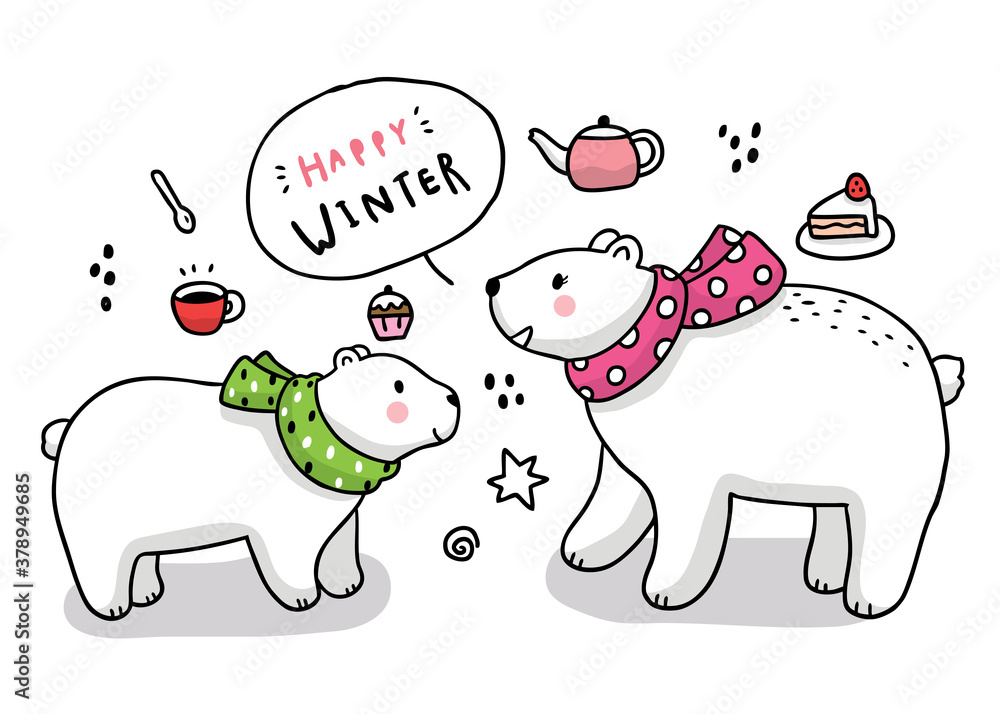 Fototapeta premium Cartoon cute winter Polar bears greeting vector.