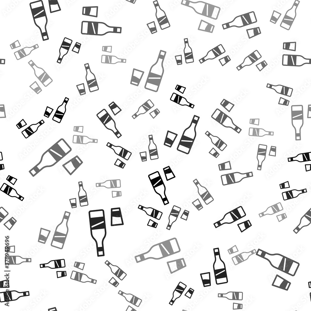Black Bottle of vodka with glass icon isolated seamless pattern on white background. Vector. Black Bottle of vodka with glass icon isolated seamless pattern on white background. Vector.