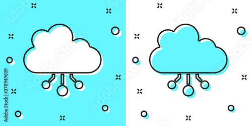 Black line Cryptocurrency cloud mining icon isolated on green and white background. Blockchain technology, bitcoin, digital money market, cryptocoin wallet. Random dynamic shapes. Vector.