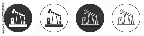 Black Oil pump or pump jack icon isolated on white background. Oil rig. Circle button. Vector.