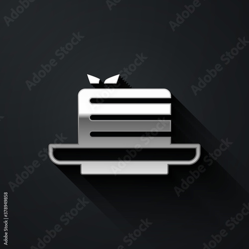 Silver Medovik icon isolated on black background. Honey layered cake or russian cake Medovik on plate. Long shadow style. Vector.