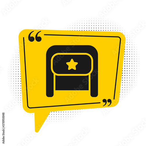 Black Ushanka icon isolated on white background. Russian fur winter hat ushanka with star. Soviet Union uniform of KGB and NKVD. Yellow speech bubble symbol. Vector.