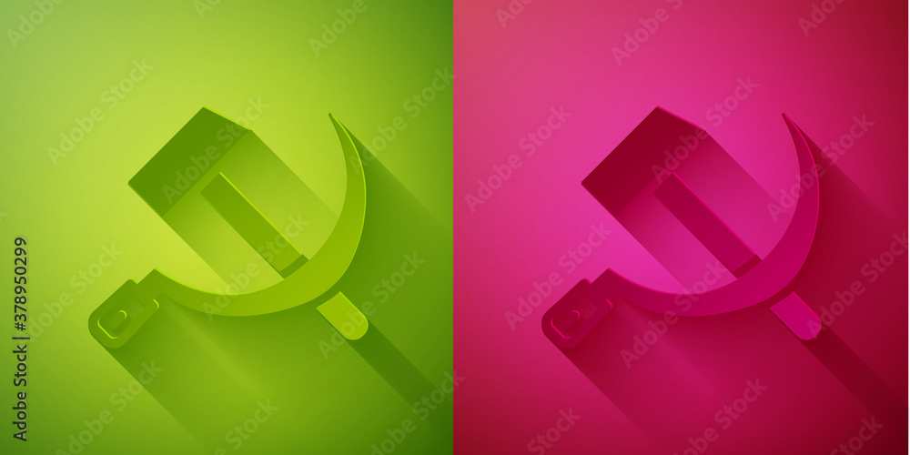 Paper cut Hammer and sickle USSR icon isolated on green and pink background. Symbol Soviet Union. Paper art style. Vector. Paper cut Hammer and sickle USSR icon isolated on green and pink background. Symbol Soviet Union. Paper art style. Vector.