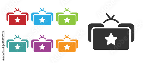 Black Ushanka icon isolated on white background. Russian fur winter hat ushanka with star. Soviet Union uniform of KGB and NKVD. Set icons colorful. Vector.
