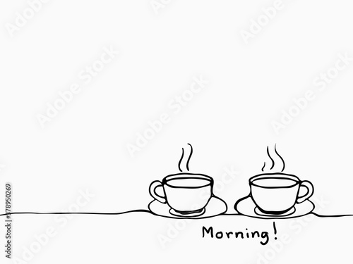 simple childish hand drawn continuous line art two cups of coffee celebrating occasional day, season greeting seamless background, wallpaper, pattern, banner, label, texture, vector design.