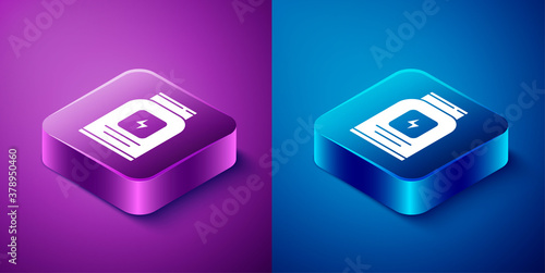 Isometric Sports nutrition bodybuilding proteine power drink and food icon isolated on blue and purple background. Square button. Vector.