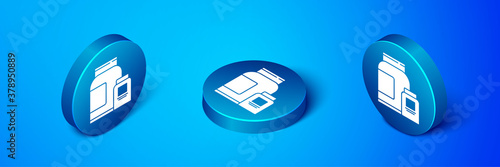 Isometric Sports nutrition bodybuilding proteine power drink and food icon isolated on blue background. Blue circle button. Vector.