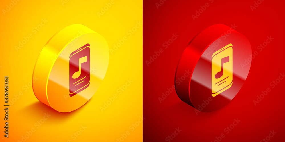 Isometric Music player icon isolated on orange and red background. Portable music device. Circle button. Vector. Isometric Music player icon isolated on orange and red background. Portable music device. Circle button. Vector.