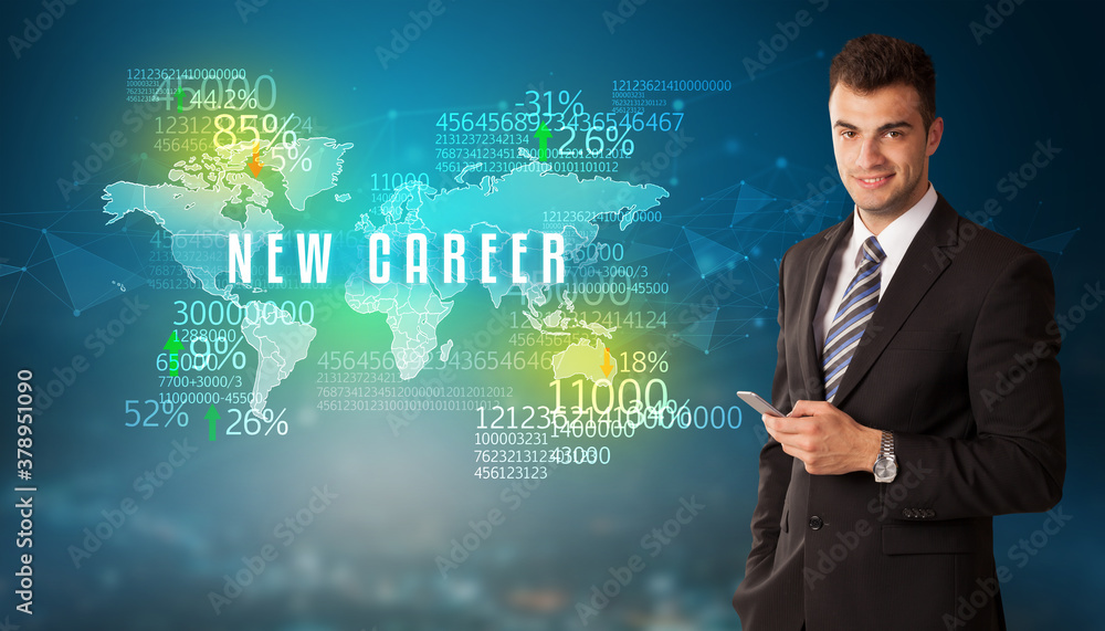 Businessman in front of a decision with NEW CAREER inscription, business concept Businessman in front of a decision with NEW CAREER inscription, business concept
