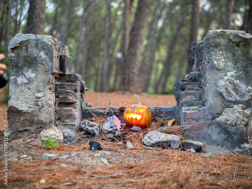 Calabaza de halloween con fuego en su interior en un bosque para celebrar el día de muertos o de todos los santos