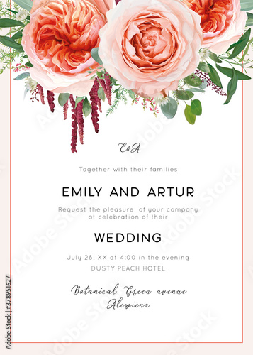 Wedding invite card, invitation. Pale coral & blush peach roses, astrantia plant, pink heather flowers, burgundy red amaranth, eucalyptus, asparagus fern leaves & herbs vector watercolor illustration