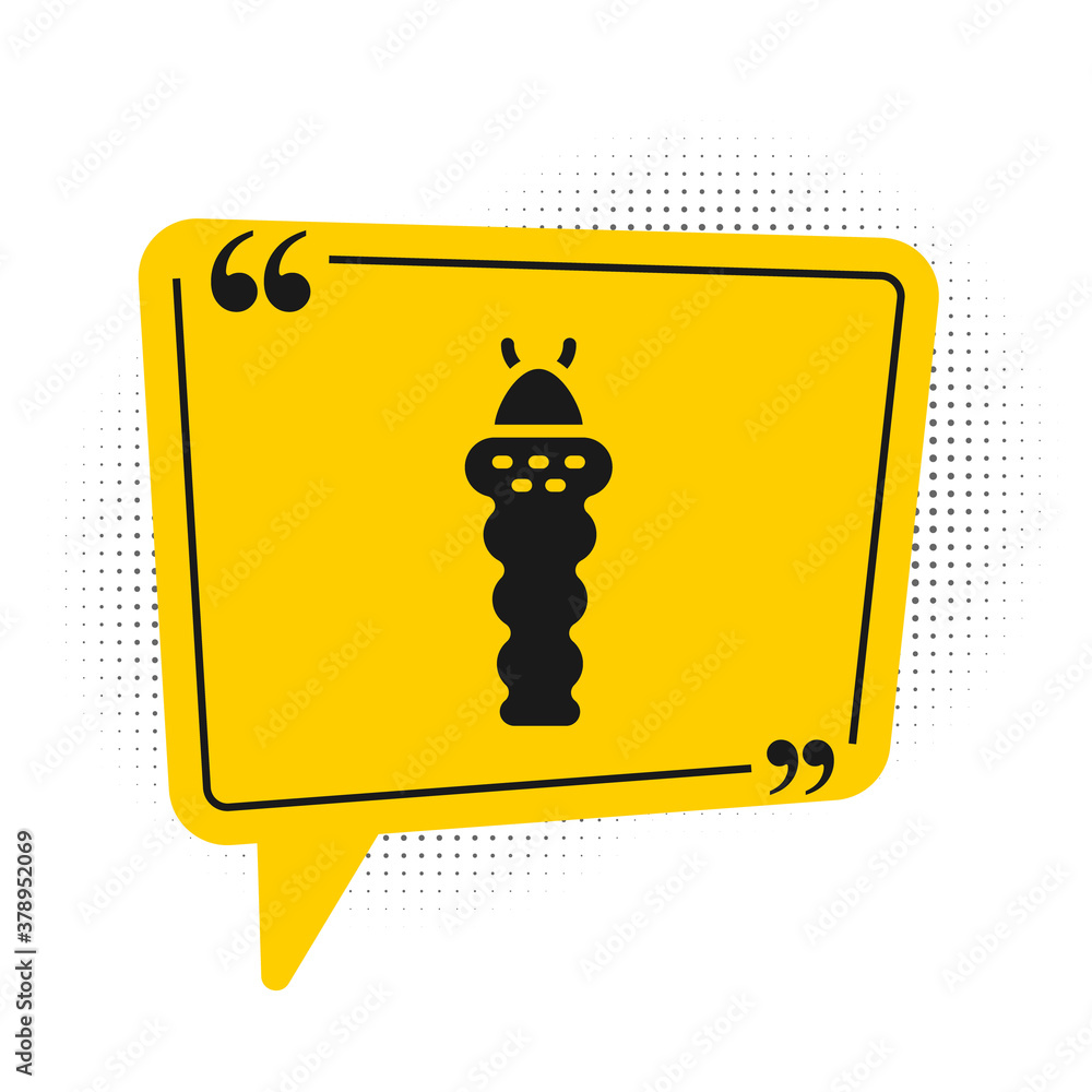 Black Larva insect icon isolated on white background. Yellow speech bubble symbol. Vector.