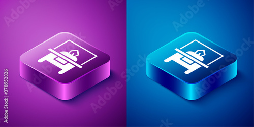 Isometric Glass showcase for exhibit icon isolated on blue and purple background. Square button. Vector.