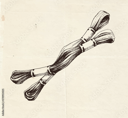 Illustration of embroidery threads, drawing of sewing supply, vintage illustration