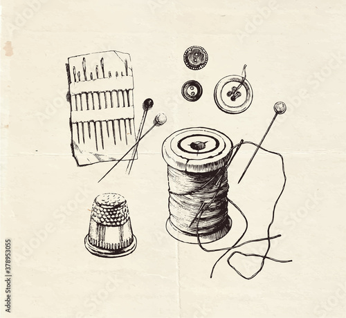 Ink drawn sewing set with buttons, threads, needles and thimble