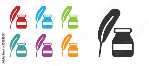 Black Feather and inkwell icon isolated on white background. Set icons colorful. Vector.