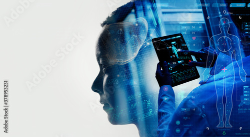 Obraz na płótnie Double explosure of Medical technology concept working for Remote medicine and Electronic medical record with female doctor. w salonie