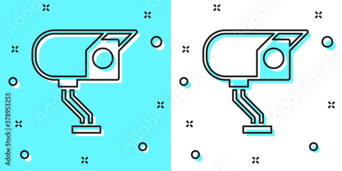 Black line Security camera icon isolated on green and white background. Random dynamic shapes. Vector.
