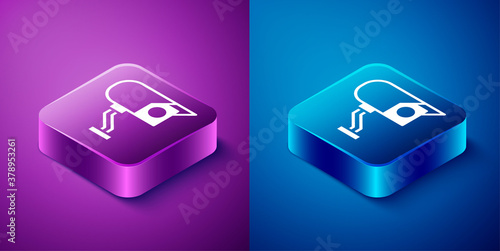 Isometric Security camera icon isolated on blue and purple background. Square button. Vector.