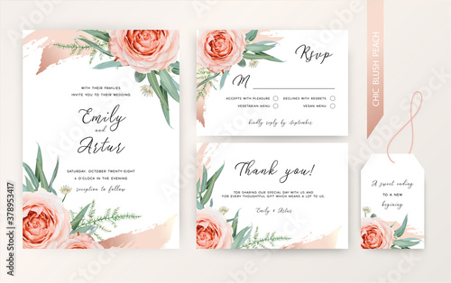 Wedding invite, rsvp, thank you card floral design. Blush peach Roses, white astrania flowers, green asparagus fern, eucalyptus leaves, cinnamon rose gold art brush stroke. Trendy elegant editable set