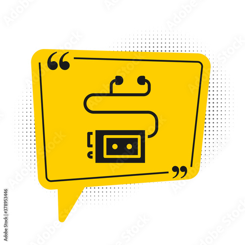 Black Museum audio guide icon isolated on white background. Headphones for excursions. Yellow speech bubble symbol. Vector.