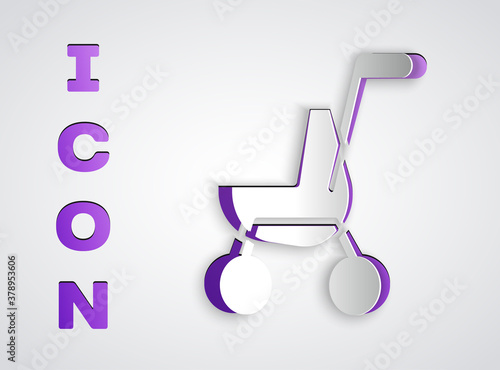 Paper cut Baby stroller icon isolated on grey background. Baby carriage, buggy, pram, stroller, wheel. Paper art style. Vector.