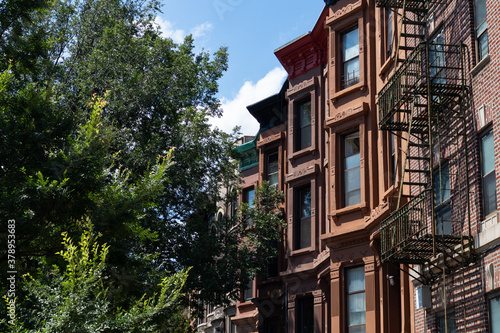 Row of Old Colorful Brownstone Homes in Clinton Hill in Brooklyn of New York City