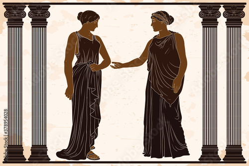 Two ancient Greek women in tunics stand in the temple between two columns and talk.