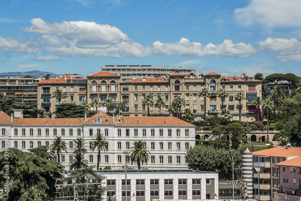 Fototapeta premium Panoramic view: Le Suquet - the Old town and Port Le Vieux in Cannes, Cote d'Azur, France.