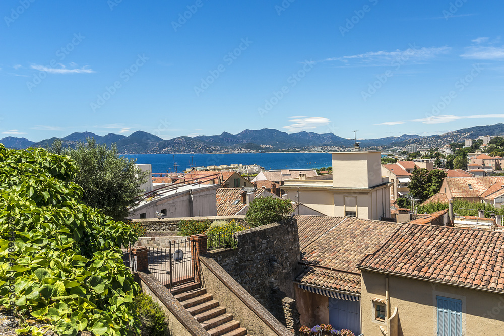 Panoramic view: Le Suquet - the Old town and Port Le Vieux in Cannes, Cote d'Azur, France.