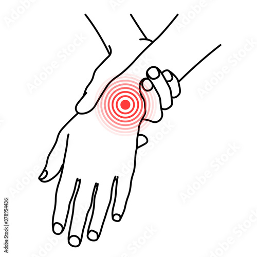 Arm wrist pain medical poster. Red spot place of ache location. Osteoarthritis, repetitive stress injury.