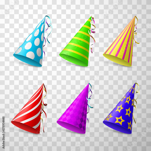 Party hats realistic set. Festive, birthday caps. Multicolor holiday headdress.