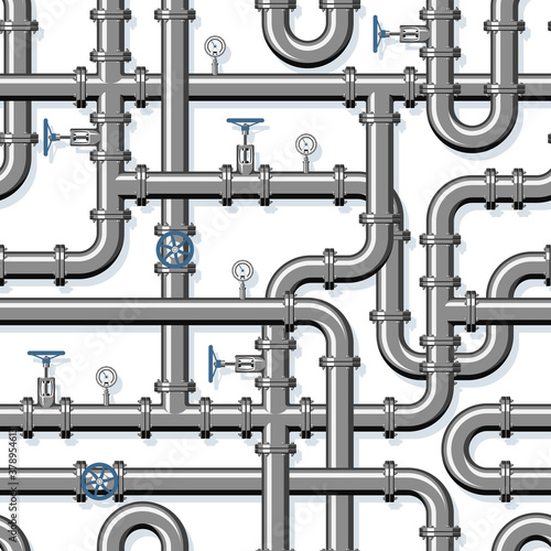 Pipeline seamless pattern. Branching and intertwining pipes with taps and manometers. Realistic vector illustration in flat style.