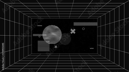 Virtual futuristic screen with grid lines and geometric art compositions. Conceptual sci-fi space of virtual reality technologies