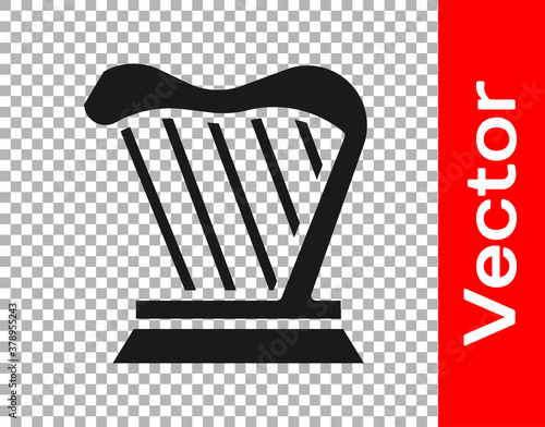 Black Harp icon isolated on transparent background. Classical music instrument, orhestra string acoustic element. Vector.