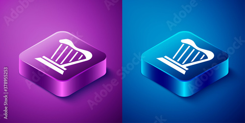 Isometric Harp icon isolated on blue and purple background. Classical music instrument, orhestra string acoustic element. Square button. Vector.