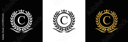 Golden Letter C laurel wreath template logo Luxury gold letter with crown. Monogram alphabet . Beautiful royal initials letter.	