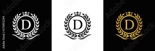 Golden Letter D laurel wreath template logo Luxury gold letter with crown. Monogram alphabet . Beautiful royal initials letter.	