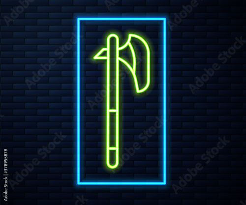 Glowing neon line Medieval axe icon isolated on brick wall background. Battle axe, executioner axe. Medieval weapon. Vector.