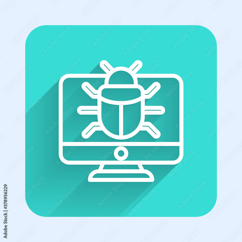 White line System bug on monitor icon isolated with long shadow. Code bug concept. Bug in the system. Bug searching. Green square button. Vector. White line System bug on monitor icon isolated with long shadow. Code bug concept. Bug in the system. Bug searching. Green square button. Vector.