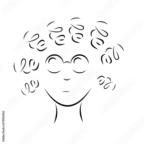 Isolated black head of a girl with curly hair and glasses. Outline of a cute and geek female for logo, icon, banner and web. Vector illustration of a woman's face.