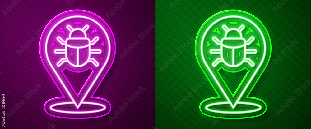 Glowing neon line System bug concept icon isolated on purple and green background. Code bug concept. Bug in the system. Bug searching. Vector. Glowing neon line System bug concept icon isolated on purple and green background. Code bug concept. Bug in the system. Bug searching. Vector.