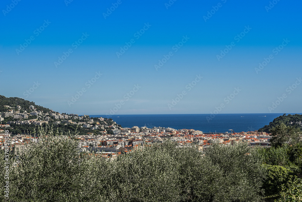 A small old park on the Cimiez hill and a panoramic view of Nice from the hill. Nice. France.