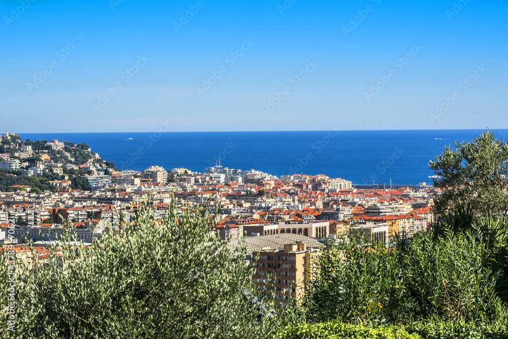 A small old park on the Cimiez hill and a panoramic view of Nice from the hill. Nice. France.